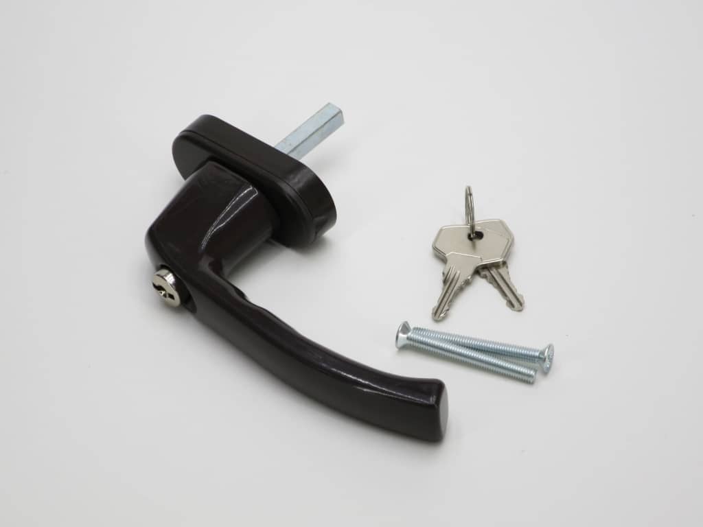 фото товара Ручка оконная с ключом и кнопкой, коричневая 35 мм Интерника